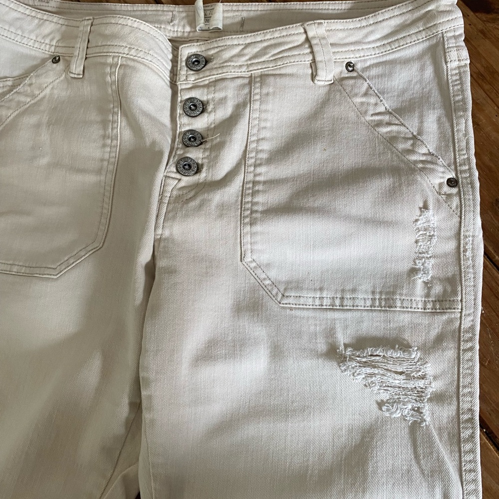 Free People Distressed Cream Button-Fly Jeans